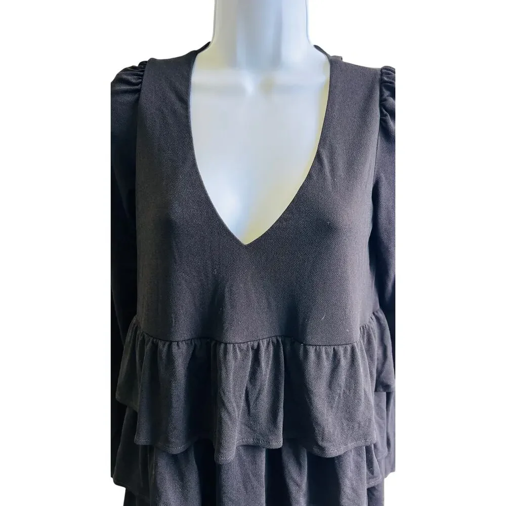 Show Me Your Mumu XS Black Ruffle Mini Dress Y2K Babydoll Long Sleeve Chic - Picture 2 of 4